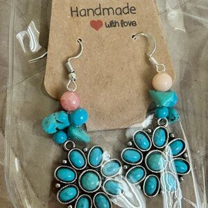 Handmade Turquoise and Pink Flower Earrings